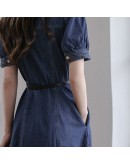 Midi Denim Dress Women  Turn Down Collar Summer Short Sleeve Sashes Jeans Dresses Harajuku Vestidos with Pockets Plus Size