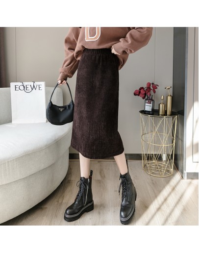 Vintage Corduroy Skirt Women's Autumn Winter High Waist Black Straight Midi Skirts Hip Package Booty   Clothes