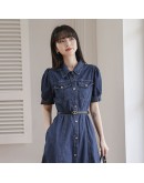 Midi Denim Dress Women  Turn Down Collar Summer Short Sleeve Sashes Jeans Dresses Harajuku Vestidos with Pockets Plus Size