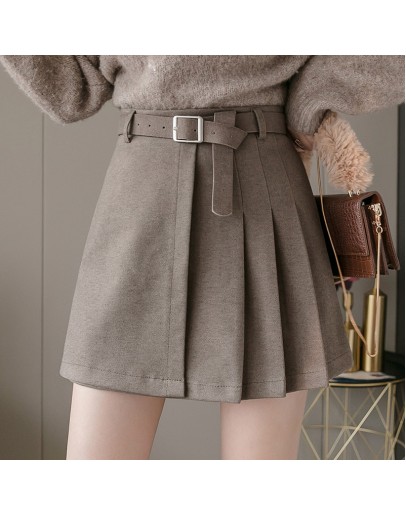 Autumn High Waist Woolen Skirt Women Winter Pleated Skirts with Belt A-Line Short Mini Skirt Female Saias Jupe Femme