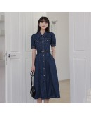 Midi Denim Dress Women  Turn Down Collar Summer Short Sleeve Sashes Jeans Dresses Harajuku Vestidos with Pockets Plus Size