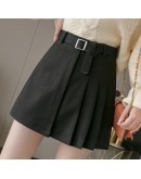 Autumn High Waist Woolen Skirt Women Winter Pleated Skirts with Belt A-Line Short Mini Skirt Female Saias Jupe Femme