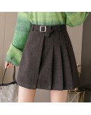 Autumn High Waist Woolen Skirt Women Winter Pleated Skirts with Belt A-Line Short Mini Skirt Female Saias Jupe Femme