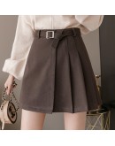 Autumn High Waist Woolen Skirt Women Winter Pleated Skirts with Belt A-Line Short Mini Skirt Female Saias Jupe Femme