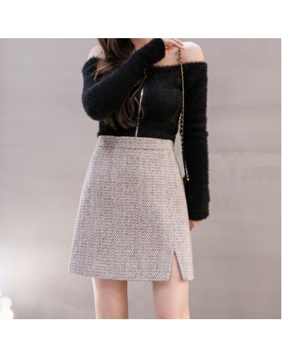 High Waisted Woolen Skirt Women Autumn Winter Vintage Side Slit Herringbone Short Mini Skirts   Clothing Faldas