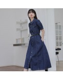 Midi Denim Dress Women  Turn Down Collar Summer Short Sleeve Sashes Jeans Dresses Harajuku Vestidos with Pockets Plus Size