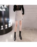 High Waisted Woolen Skirt Women Autumn Winter Vintage Side Slit Herringbone Short Mini Skirts   Clothing Faldas