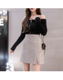 High Waisted Woolen Skirt Women Autumn Winter Vintage Side Slit Herringbone Short Mini Skirts   Clothing Faldas