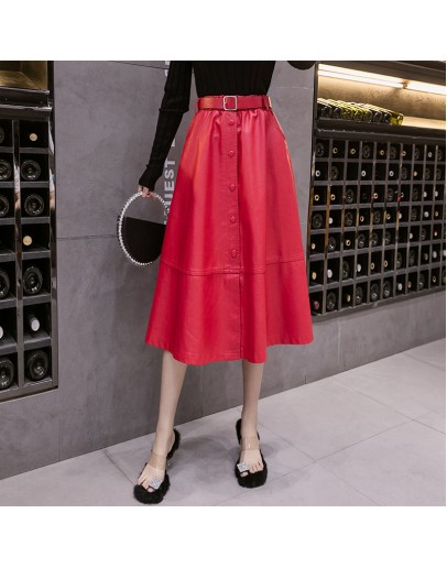 High Waisted Long Leather Skirt Women Fall Winter Midi PU Skirts with Belt Streetwear Mid Length Red Black Harajuku Faldas Mujer