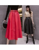 High Waisted Long Leather Skirt Women Fall Winter Midi PU Skirts with Belt Streetwear Mid Length Red Black Harajuku Faldas Mujer