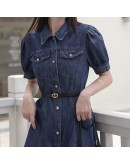 Midi Denim Dress Women  Turn Down Collar Summer Short Sleeve Sashes Jeans Dresses Harajuku Vestidos with Pockets Plus Size