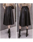 High Waisted Long Leather Skirt Women Fall Winter Midi PU Skirts with Belt Streetwear Mid Length Red Black Harajuku Faldas Mujer