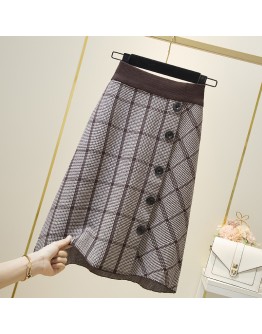 Autumn Winter Vintage Plaid Knitted Skirt Women Elastic High Waisted Side Single Breasted Knee Length Midi Skirts Sweater Faldas