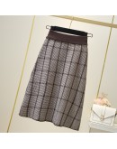 Autumn Winter Vintage Plaid Knitted Skirt Women Elastic High Waisted Side Single Breasted Knee Length Midi Skirts Sweater Faldas