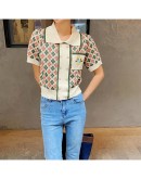  Women Knitted Polo Shirt Four leaf Print Gemstone Button Short Sleeve Polo Shirt Chic Lady  Casual Women Clothes