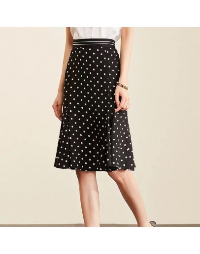  Summer Midi Skirt Women  Style High Waist Chiffon Skirts White and Black Dot Print Knee Length Ladies Elegant Faldas