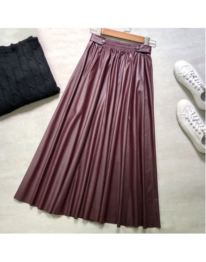  Stylish Faux Leather Midi Skirts Autumn Winter  Women Elastic High Waist Chic Umbrella A-Line Hippie Skirt