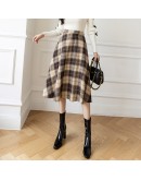 High Waisted Plaid Woolen Skirt for Women Fall Winter A-Line Mid Length Pleated Skirts Plus Size Harajuku Midi Mujer Faldas