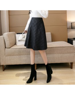 High  Knee Length Tweed Woolen Skirts for Women Autumn Winter Midi Skirt High Waisted Black Work Office Faldas Mujer