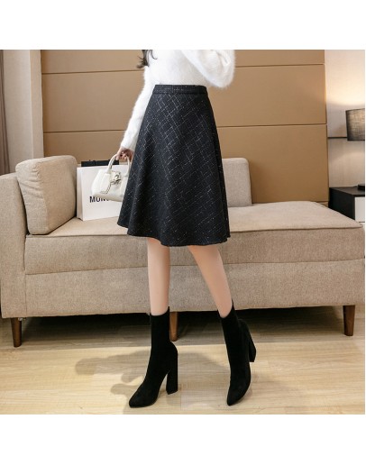 High  Knee Length Tweed Woolen Skirts for Women Autumn Winter Midi Skirt High Waisted Black Work Office Faldas Mujer