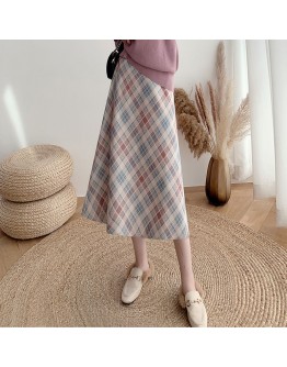 Autumn Winter A-line Long Skirts Womens Warm Woolen Skirt Female High Waist Elegant Office Lady Printing Plaid Skirt Midi Faldas