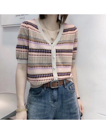  Summer V-Neck  Patchwork Argyle Plaid Cardigan for Women Short Sleeve Cardigan Crop Top Female Vintage Clothes