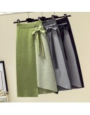 Autumn Women Knitted Skirt  Winter Bow Tie Irregular Midi Skirt Green Hip Package Stripe Faldas Jupe Femme Saia