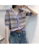  Summer V-Neck  Patchwork Argyle Plaid Cardigan for Women Short Sleeve Cardigan Crop Top Female Vintage Clothes