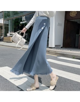 Casual Solid Knitted Midi Long Skirt Women  Fall Winter Elegant High Waist Mid-length Side Slit Tassel Skirts Female Lady