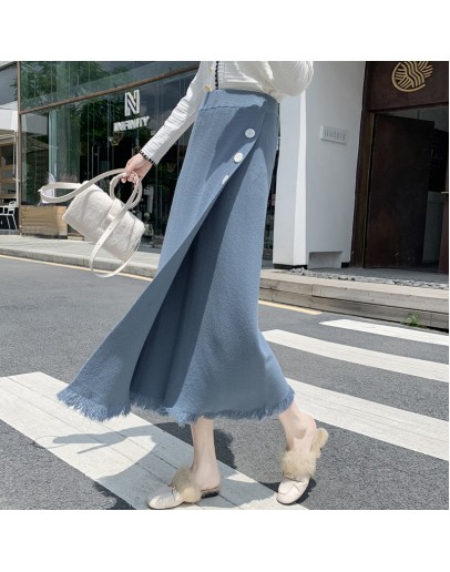 Casual Solid Knitted Midi Long Skirt Women  Fall Winter Elegant High Waist Mid-length Side Slit Tassel Skirts Female Lady