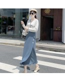 Casual Solid Knitted Midi Long Skirt Women  Fall Winter Elegant High Waist Mid-length Side Slit Tassel Skirts Female Lady