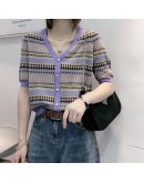  Summer V-Neck  Patchwork Argyle Plaid Cardigan for Women Short Sleeve Cardigan Crop Top Female Vintage Clothes