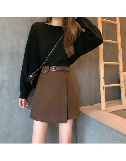 Autumn Winter Woolen Skirts for Women    Irregular Belted Short Mini Skirt Harajuku Khaki Blue Jupe Femme