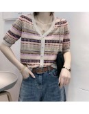  Summer V-Neck  Patchwork Argyle Plaid Cardigan for Women Short Sleeve Cardigan Crop Top Female Vintage Clothes