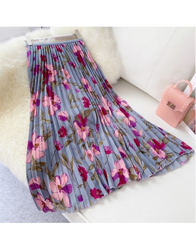 Summer Women Long Pleated Skirts Vintage Floral Printted Skirt High Waist Flower Midi Skirt  Elegant Faldas Mujer