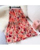 Summer Women Long Pleated Skirts Vintage Floral Printted Skirt High Waist Flower Midi Skirt  Elegant Faldas Mujer