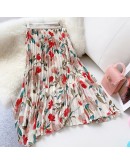 Summer Women Long Pleated Skirts Vintage Floral Printted Skirt High Waist Flower Midi Skirt  Elegant Faldas Mujer