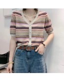  Summer V-Neck  Patchwork Argyle Plaid Cardigan for Women Short Sleeve Cardigan Crop Top Female Vintage Clothes