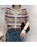  Summer V-Neck  Patchwork Argyle Plaid Cardigan for Women Short Sleeve Cardigan Crop Top Female Vintage Clothes