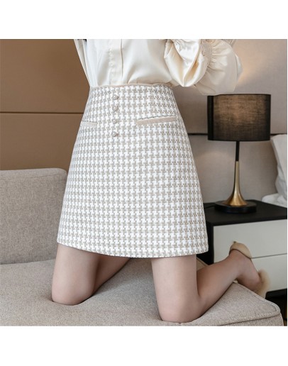 Plaid Woolen Skirt for Women Autumn Winter High Waisted  Style Short Mini Booty Skirts Hip Package Skater Jupe Femme