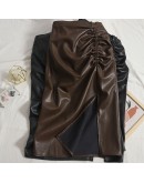  PU Skirt Women Autumn Winter   Side Drawsting Slit Midi Leather Skirts High Waisted Slim Hip Package Faldas