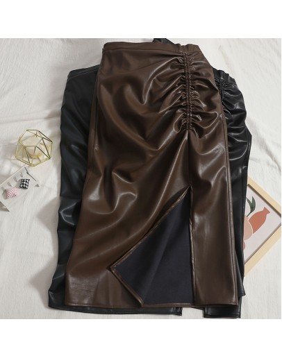  PU Skirt Women Autumn Winter   Side Drawsting Slit Midi Leather Skirts High Waisted Slim Hip Package Faldas