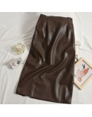  PU Skirt Women Autumn Winter   Side Drawsting Slit Midi Leather Skirts High Waisted Slim Hip Package Faldas