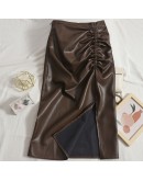  PU Skirt Women Autumn Winter   Side Drawsting Slit Midi Leather Skirts High Waisted Slim Hip Package Faldas