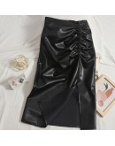  PU Skirt Women Autumn Winter   Side Drawsting Slit Midi Leather Skirts High Waisted Slim Hip Package Faldas