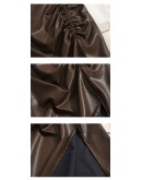  PU Skirt Women Autumn Winter   Side Drawsting Slit Midi Leather Skirts High Waisted Slim Hip Package Faldas