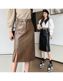 Autumn Leather Skirts Women High Waisted Side Slit Midi PU Skirt with Belt Streetwear  Hip Package Office Black Faldas