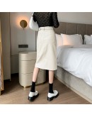 Autumn Leather Skirts Women High Waisted Side Slit Midi PU Skirt with Belt Streetwear  Hip Package Office Black Faldas