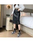 Autumn Leather Skirts Women High Waisted Side Slit Midi PU Skirt with Belt Streetwear  Hip Package Office Black Faldas