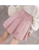   Autumn High Waist Suede Skirt Women  Short Mini Skirts Cute Pink Pleated Saias Vintage Retro Jupe Femme